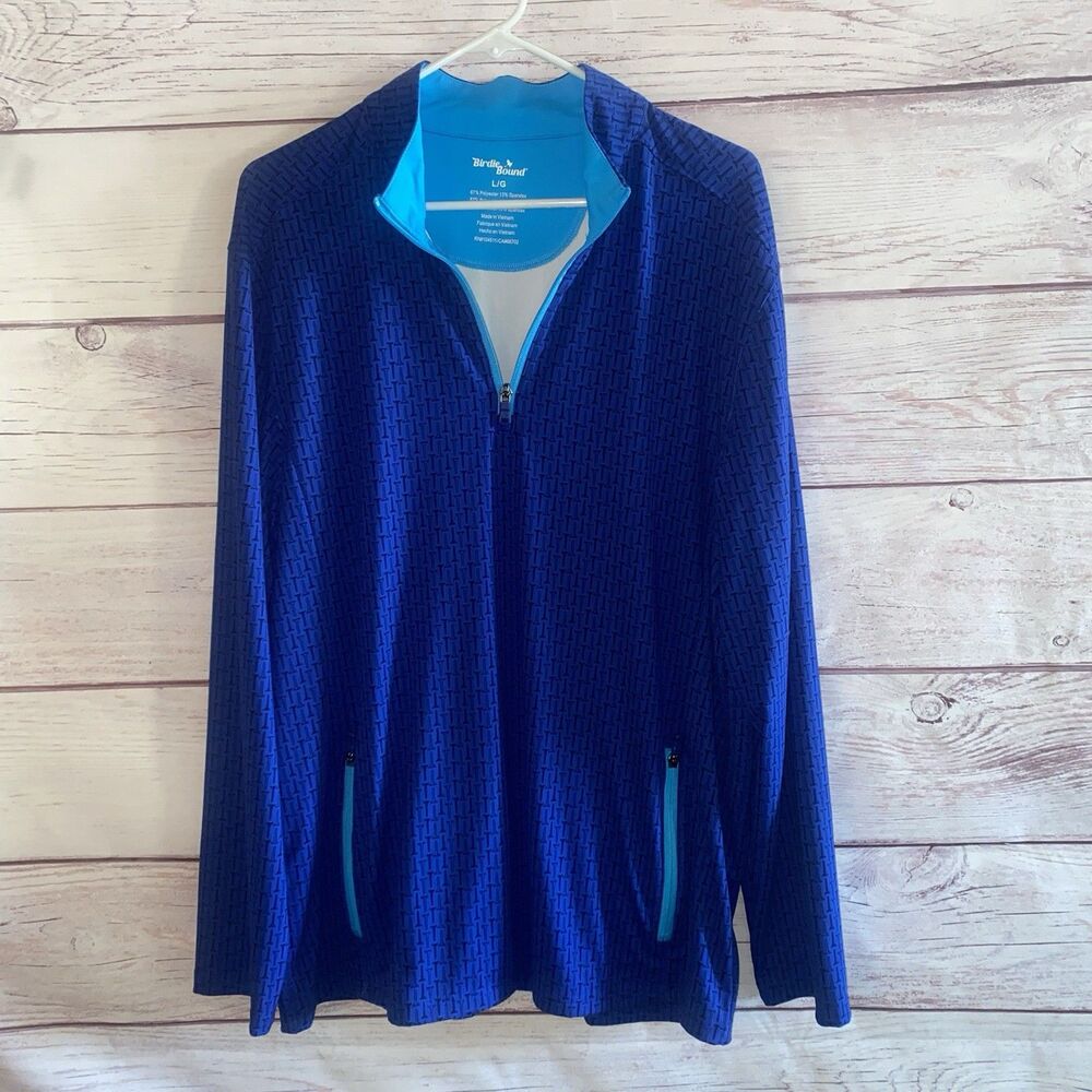 Birdie Bound Mens L Blue Golf Tee Print Quarter Zip Pullover Jacket Pockets B56